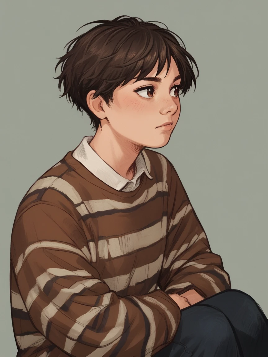 score_9, score_8_up, score_7_up, score_6_up, score_5_up, score_4_up,   wh33z13, 1girl, Brown short hair, striped sweater, dark Brown eyes, classes 