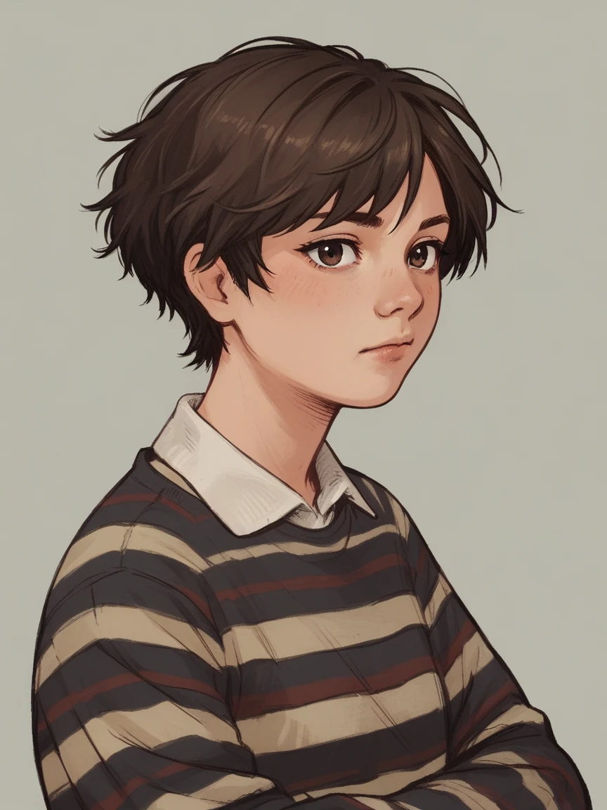 score_9, score_8_up, score_7_up, score_6_up, score_5_up, score_4_up,   wh33z13, 1girl, Brown short hair, striped sweater, dark Brown eyes, classes 