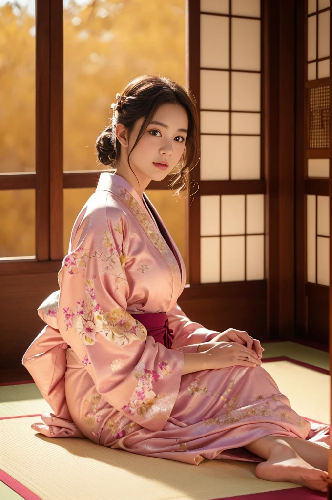 Meisterwerk, höchste Qualität,große Brüste、rosa kimono、Kinoatmosphäre、professionelle Komposition、natürlicher Körper、Fantasie,vor einer goldenen Leinwand sitzen、Blumenarrangement、Tatami-Matten、in die Kamera schauen、real、Natur