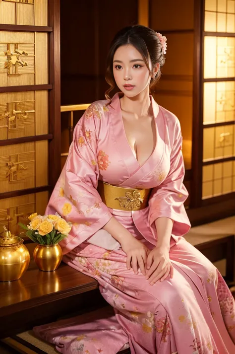 masterpiece, Highest quality,Large Breasts、pink kimono、Cinematic atmosphere、Professional composition、Natural Body、fantasy,sittin...
