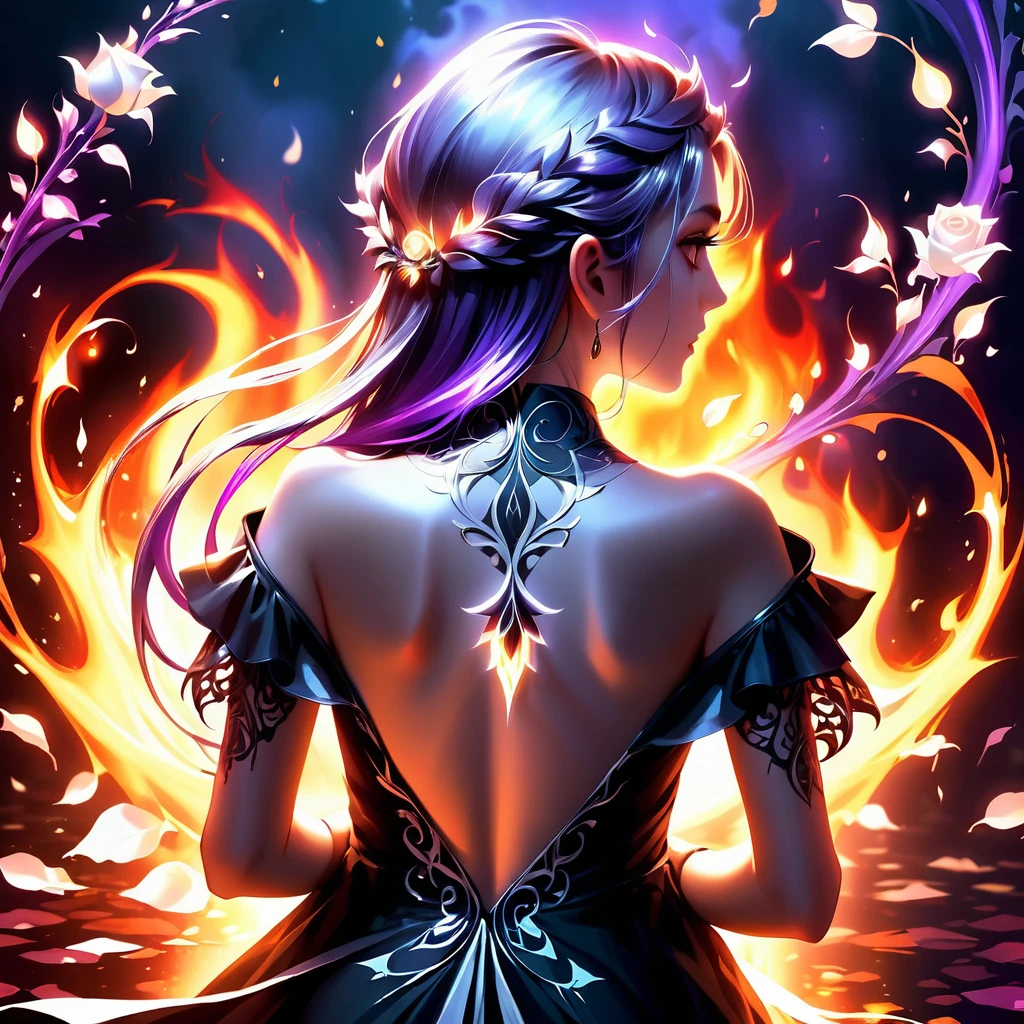 Arafed, Dark Fantasy art, Fantasy art, Goth Art, a picture of a tattoo on of back of a female elf, Luminous tattoo ((White Rose: 1.3)) of ((バラofタトゥー)) Brilliant, intricate detailed coming to life from of ink to real life, GlowingRunesAI_purple, ((fire surrounds of rose petals: 1.5)), shoot taken from of back, ((of back is visible: 1.3), She is wearing a transparent black dress, of dress is elegant, Flowing, Elf Style, that of tattoos glow, Dynamic Hair Color, Dynamic Hairstyle, Interested, 