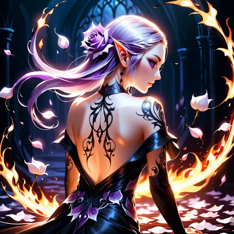 Arafed, Dark Fantasy art, Fantasy art, Goth Art, a picture of a tattoo on of back of a female elf, Luminous tattoo ((White Rose:...