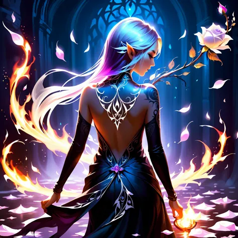 Arafed, Dark Fantasy art, Fantasy art, Goth Art, a picture of a tattoo on of back of a female elf, Luminous tattoo ((White Rose:...