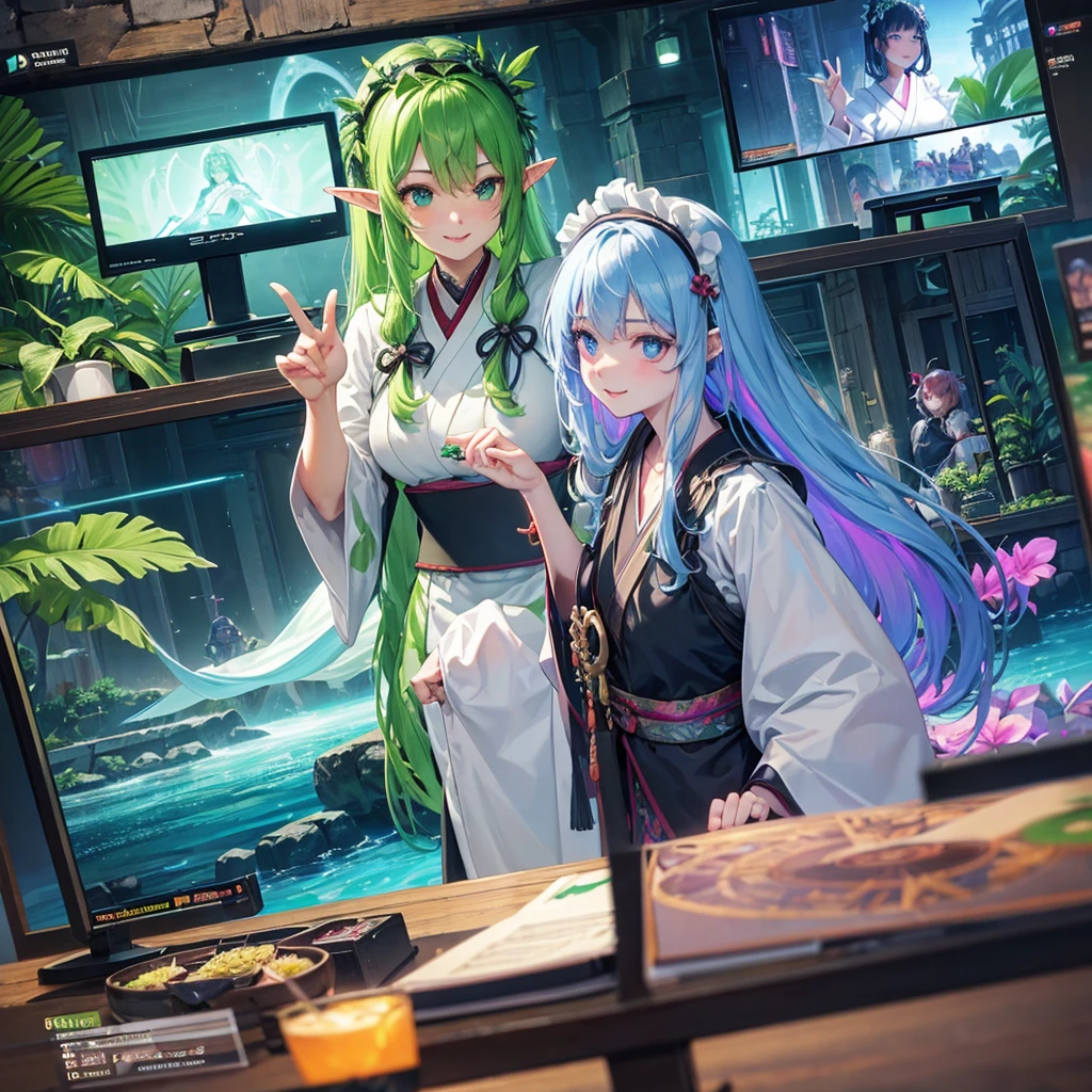 Elf（Maid clothes（kimono）　tropical　tropicalジュース（tray）　Tavern（Adventurer）　cyber punk　Green light swirling（hologram）　Multiple monitors behind（Streaming screen　magic circle）　Adventurer　Medieval Fantasy　smile　night　comics）