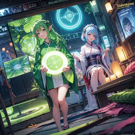 Elf（Maid clothes（kimono）　tropical　tropicalジュース（tray）　Tavern（Adventurer）　cyber punk　Green light swirling（hologram）　Multiple monit...