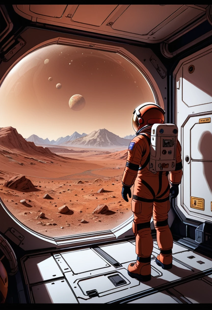 (Astronaut), astronaut walked out of the airtight compartment of the Mars base and faced the spectacular view of the red planet, with the silhouette of distant mountains faintly visible, full body, (Photography), panoramic view, award-winning, cinematic still, emotional, vignette, dynamic, vivid, (masterpiece, best quality, Professional, perfect composition, very aesthetic, absurdres, ultra-detailed, intricate details:1.3)