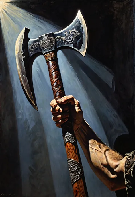 Close-up of an axe held by one hand, style Dark fantasy of the 70s, German painting of romanticism, with spectacular shadows and...