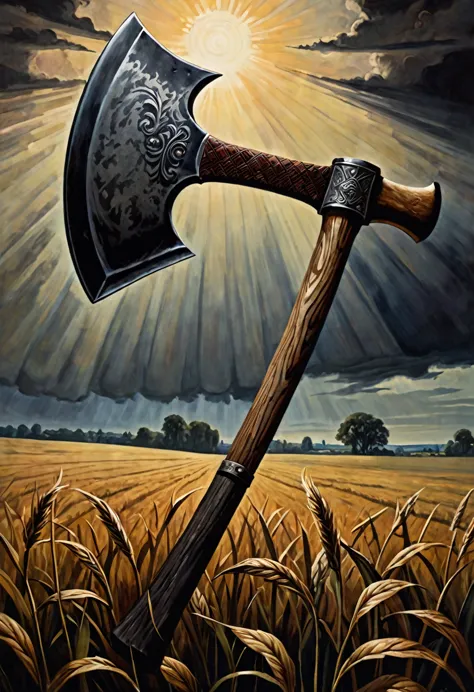 Close-up of an axe held by one hand, With a background of a field, style Dark fantasy of the 70s, German painting of romanticism...