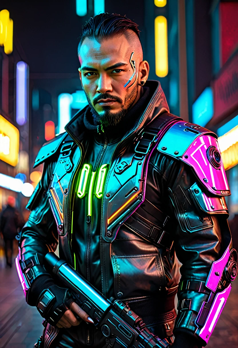 RAW photo of person sks, muscular vanpire neon operator, militaristic cyberpunk futuristic neon, neo generation warrior, reflective leather neon coat, decorated with traditional leather ornaments by ismail inceoglu dragan bibin hans thoma greg rutkowski alexandros pyromallis nekro rene maritte illustrated, face perfect, fine-details, realistic shading, metal expansions on the forehead, epic cyberpunk products