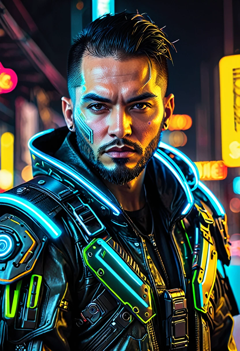 RAW photo of person sks, muscular vanpire neon operator, militaristic cyberpunk futuristic neon, neo generation warrior, reflective leather neon coat, decorated with traditional leather ornaments by ismail inceoglu dragan bibin hans thoma greg rutkowski alexandros pyromallis nekro rene maritte illustrated, face perfect, fine-details, realistic shading, metal expansions on the forehead, epic cyberpunk products