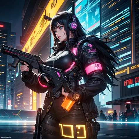 work of art, cyber punk, crowd, citys, natta, neon lig, toned, Sci-fi, extremely detailed 8k wallpaper, 1 girl, holding gun, bat...