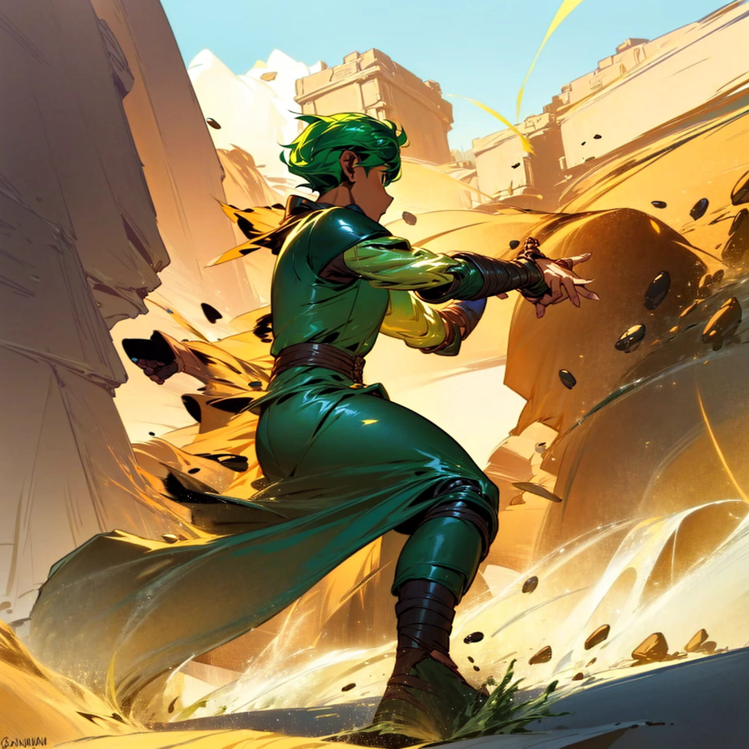 1boy, Full body version, 1character, (sand wanderer), brown eyes color, dark skin, (Curly cut hairstyle), small eyes type, green colour hair, doctor ancient roman clothing style, white color clothing, dark green robe, Ancient roman boots, armor vest, sands in two hand, Grassroots background in desert, (battle, battle gesture, battle poses, view character on small, He a sand wanderer, he controls sand with his hands, he fights enemies with sand, enemies, bandits, Fighting, intense battles, fighting in desert, Dynamic Pose, Motion Blur, emphasis lines, sparks, plasma, aura)