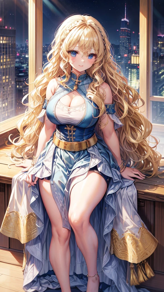 Very detailed、highest quality、Best image quality、masterpiece、8k、Anime Face、A kind smile、Open your mouth、Sparkling blue eyes、(Blonde wavy hair:1.5)、、Muscles of the whole body、Hands on hipini skirt、camisole、Thigh belt