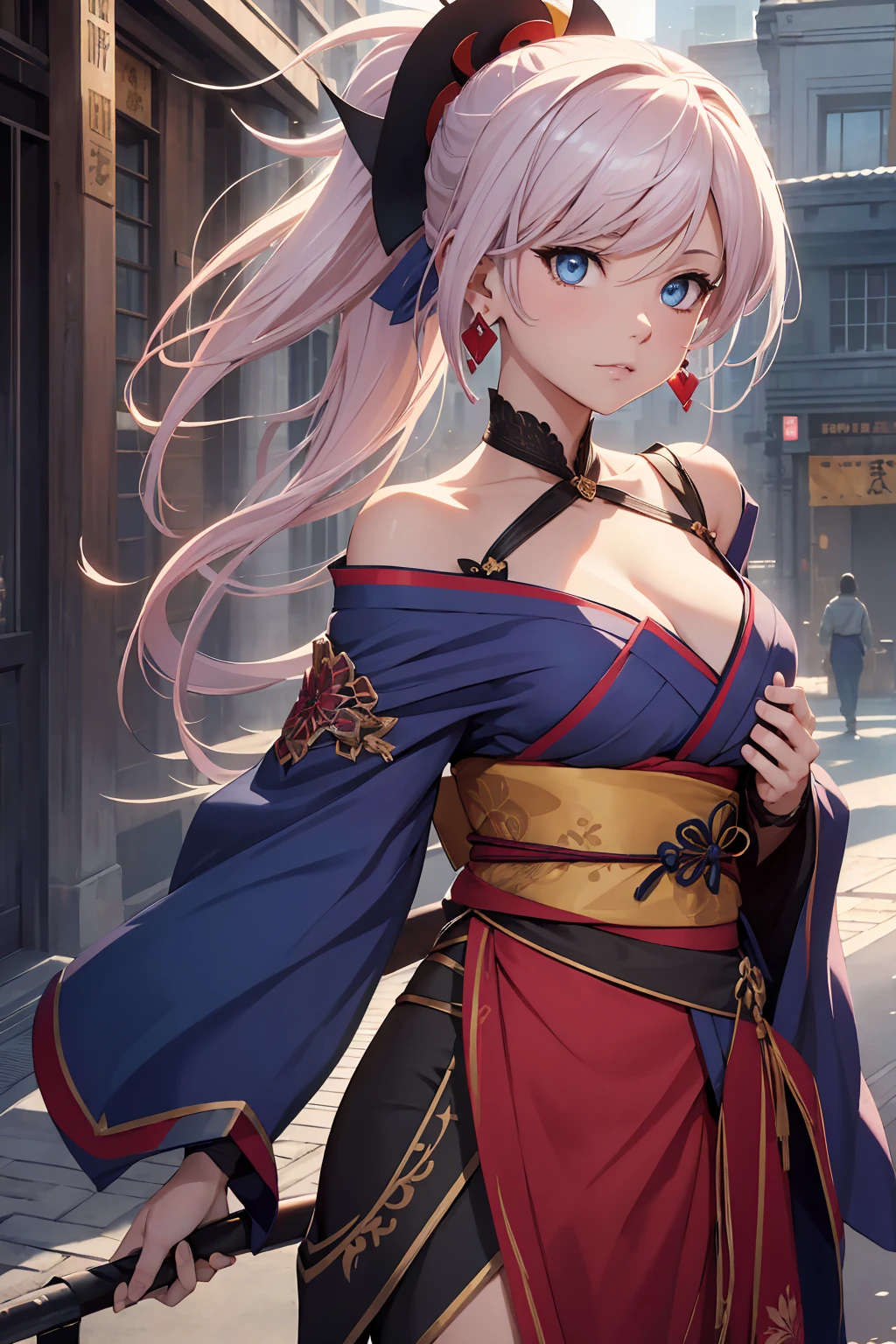 NSFW　(Highest quality:1.5, High resolution, uhd, 4K, Detailed lighting, Shaders)miyamoto musashi asymmetrical hair, blue eyes, Earrings, hair ornaments, Pink Hair, ponytail, Side Lock, break bare shoulders, blue kimono, Removable sleeves, elbow sleeve, kimono, kimono, heart, sash, No sleeve, No sleeve kimono, break outdoors, city, break looking at viewer, break (masterpiece:1.2), Highest quality, High resolution, unity 8k wallpaper, (figure:0.8), (Beautiful fine details:1.6), Highly detailed face, Perfect lighting, Highly detailed CG, (Perfect hands, Perfect Anatomy),