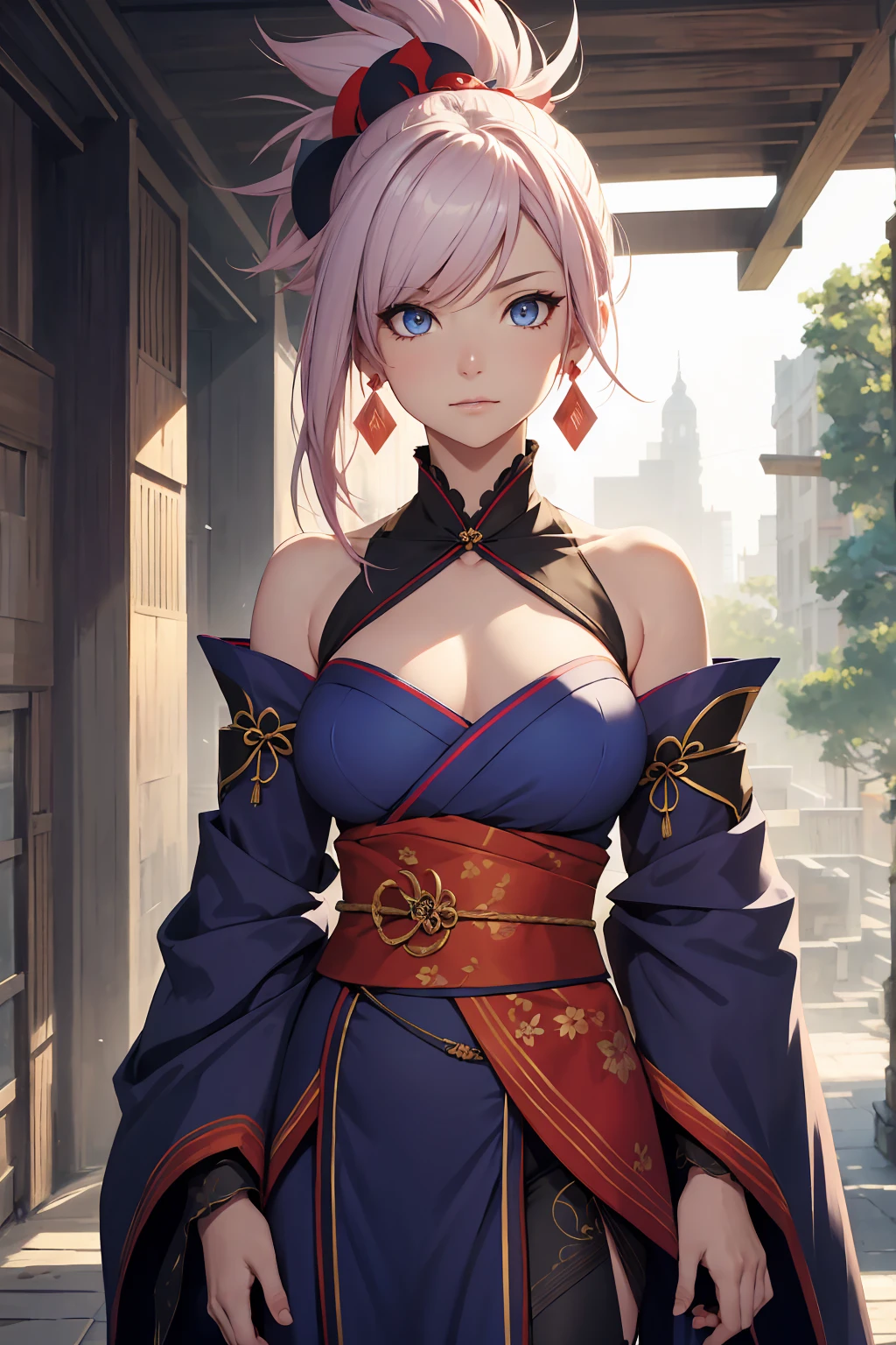 NSFW　(Highest quality:1.5, High resolution, uhd, 4K, Detailed lighting, Shaders)miyamoto musashi asymmetrical hair, blue eyes, Earrings, hair ornaments, Pink Hair, ponytail, Side Lock, break bare shoulders, blue kimono, Removable sleeves, elbow sleeve, kimono, kimono, heart, sash, No sleeve, No sleeve kimono, break outdoors, city, break looking at viewer, break (masterpiece:1.2), Highest quality, High resolution, unity 8k wallpaper, (figure:0.8), (Beautiful fine details:1.6), Highly detailed face, Perfect lighting, Highly detailed CG, (Perfect hands, Perfect Anatomy),