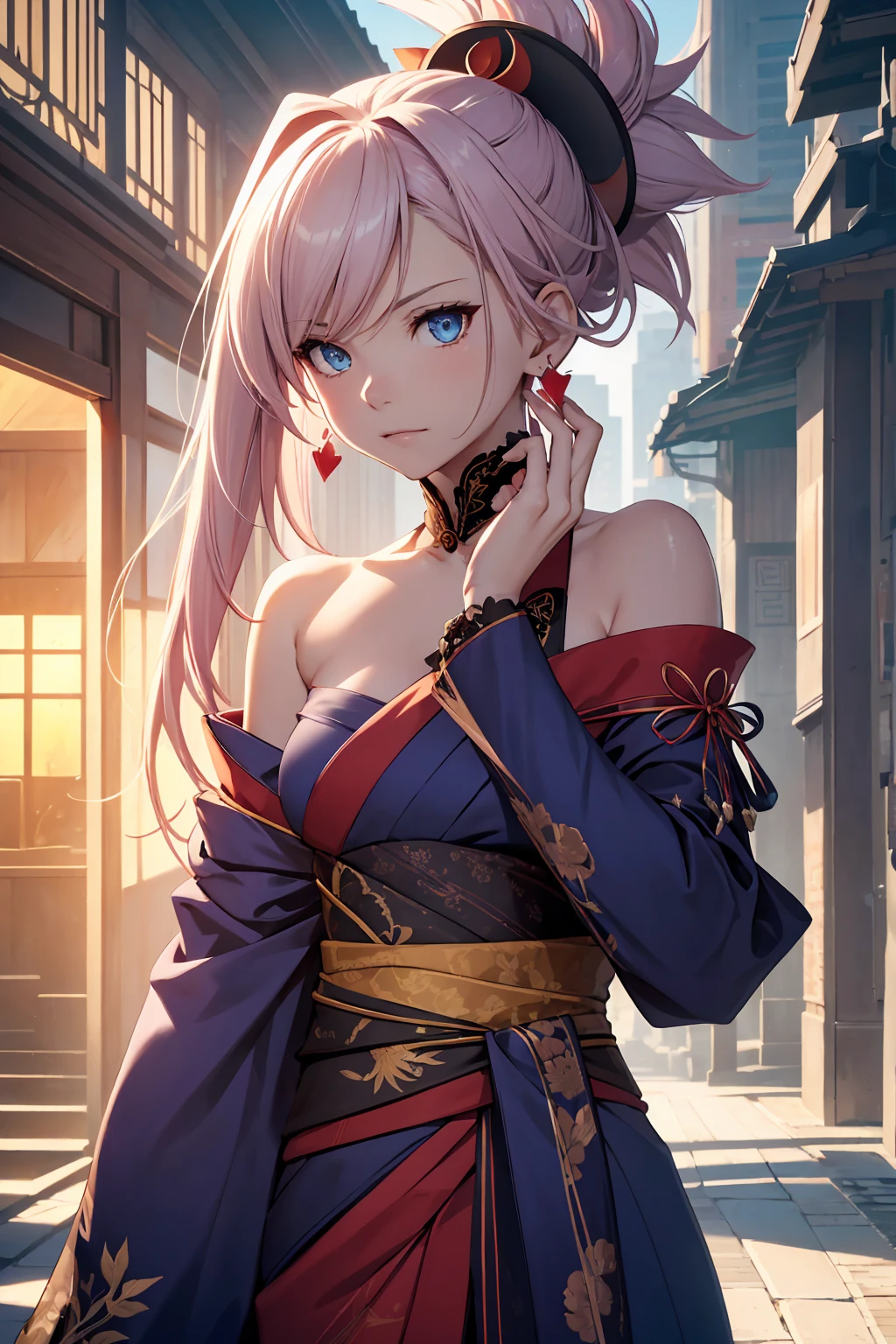 NSFW　(Highest quality:1.5, High resolution, uhd, 4K, Detailed lighting, Shaders)miyamoto musashi asymmetrical hair, blue eyes, Earrings, hair ornaments, Pink Hair, ponytail, Side Lock, break bare shoulders, blue kimono, Removable sleeves, elbow sleeve, kimono, kimono, heart, sash, No sleeve, No sleeve kimono, break outdoors, city, break looking at viewer, break (masterpiece:1.2), Highest quality, High resolution, unity 8k wallpaper, (figure:0.8), (Beautiful fine details:1.6), Highly detailed face, Perfect lighting, Highly detailed CG, (Perfect hands, Perfect Anatomy),