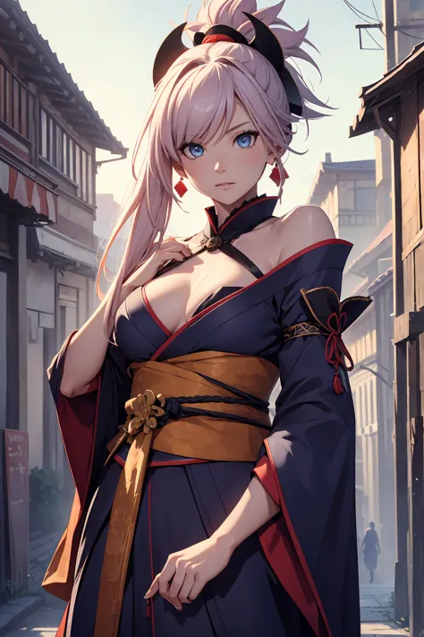 NSFW　(Highest quality:1.5, High resolution, uhd, 4K, Detailed lighting, Shaders)miyamoto musashi asymmetrical hair, blue eyes, E...