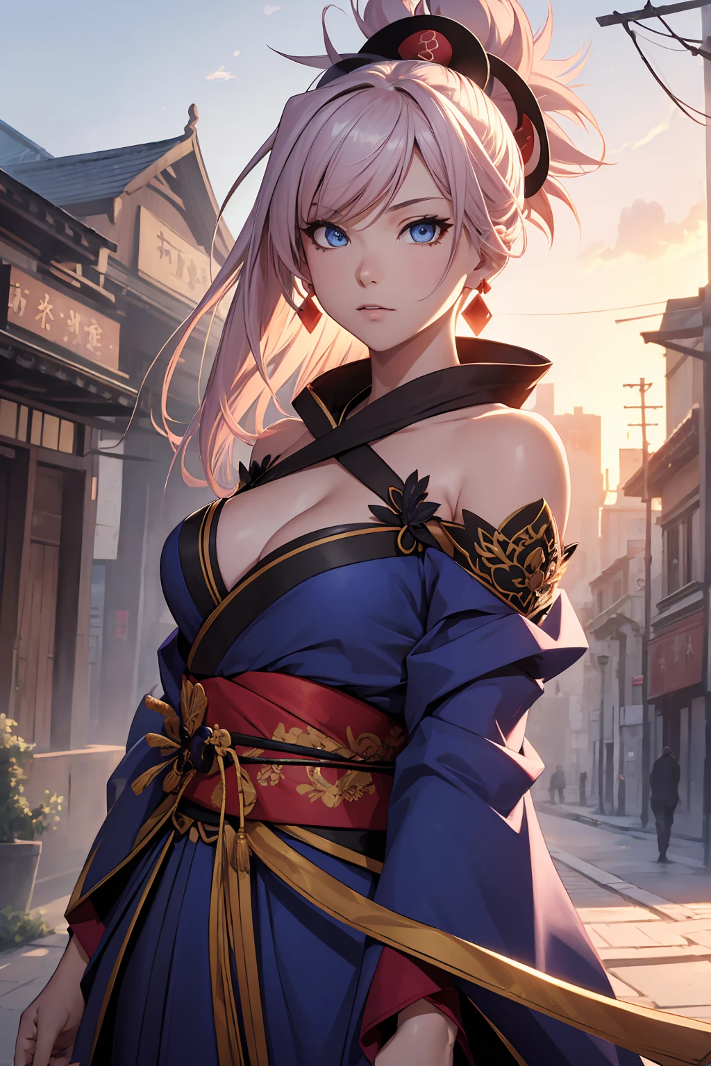 NSFW　(Highest quality:1.5, High resolution, uhd, 4K, Detailed lighting, Shaders)miyamoto musashi asymmetrical hair, blue eyes, Earrings, hair ornaments, Pink Hair, ponytail, Side Lock, break bare shoulders, blue kimono, Removable sleeves, elbow sleeve, kimono, kimono, heart, sash, No sleeve, No sleeve kimono, break outdoors, city, break looking at viewer, break (masterpiece:1.2), Highest quality, High resolution, unity 8k wallpaper, (figure:0.8), (Beautiful fine details:1.6), Highly detailed face, Perfect lighting, Highly detailed CG, (Perfect hands, Perfect Anatomy),