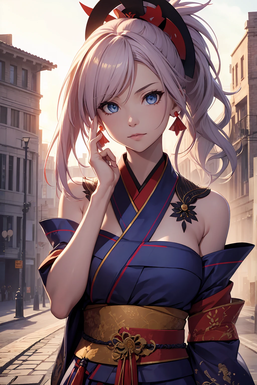 NSFW　(Highest quality:1.5, High resolution, uhd, 4K, Detailed lighting, Shaders)miyamoto musashi asymmetrical hair, blue eyes, Earrings, hair ornaments, Pink Hair, ponytail, Side Lock, break bare shoulders, blue kimono, Removable sleeves, elbow sleeve, kimono, kimono, heart, sash, No sleeve, No sleeve kimono, break outdoors, city, break looking at viewer, break (masterpiece:1.2), Highest quality, High resolution, unity 8k wallpaper, (figure:0.8), (Beautiful fine details:1.6), Highly detailed face, Perfect lighting, Highly detailed CG, (Perfect hands, Perfect Anatomy),