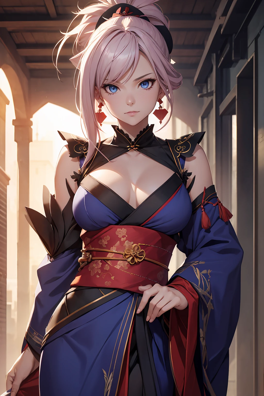 NSFW　(Highest quality:1.5, High resolution, uhd, 4K, Detailed lighting, Shaders)miyamoto musashi asymmetrical hair, blue eyes, Earrings, hair ornaments, Pink Hair, ponytail, Side Lock, break bare shoulders, blue kimono, Removable sleeves, elbow sleeve, kimono, kimono, heart, sash, No sleeve, No sleeve kimono, break outdoors, city, break looking at viewer, break (masterpiece:1.2), Highest quality, High resolution, unity 8k wallpaper, (figure:0.8), (Beautiful fine details:1.6), Highly detailed face, Perfect lighting, Highly detailed CG, (Perfect hands, Perfect Anatomy),