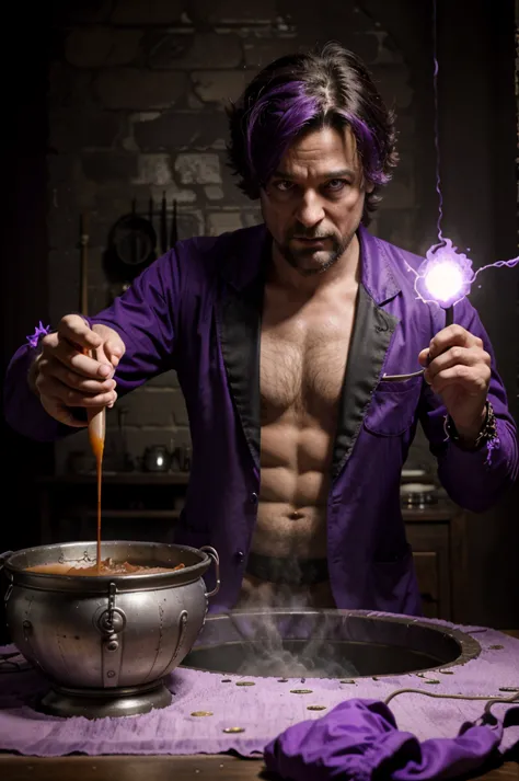 a mad purple scientist creating weird prompts in his magic cauldron