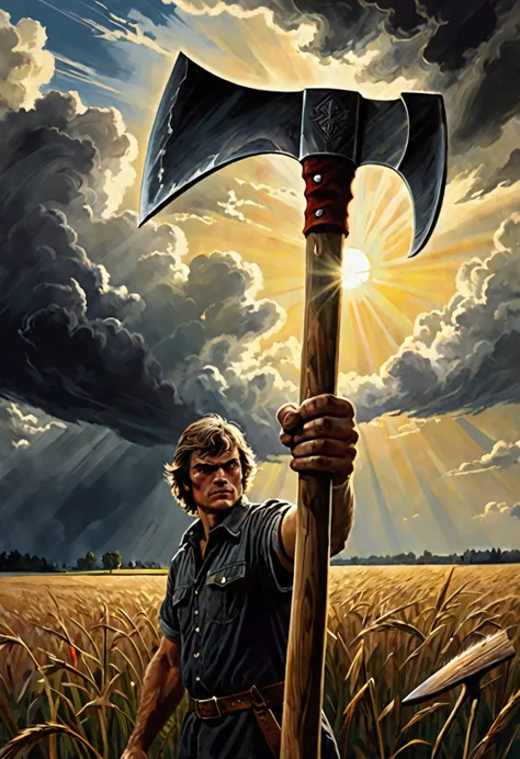 (Close-up) From one hand holding an axe, At a medium height , With a background of a fieldWith a cloudy sky stormy with sun, sty...