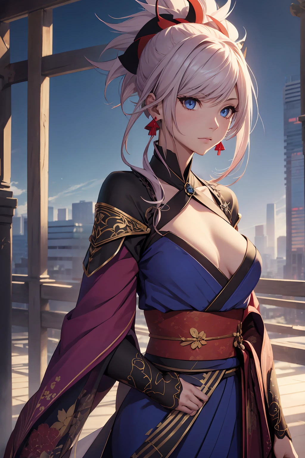 NSFW　(Highest quality:1.5, High resolution, uhd, 4K, Detailed lighting, Shaders)miyamoto musashi asymmetrical hair, blue eyes, Earrings, hair ornaments, Pink Hair, ponytail, Side Lock, break bare shoulders, blue kimono, Removable sleeves, elbow sleeve, kimono, kimono, heart, sash, No sleeve, No sleeve kimono, break outdoors, city, break looking at viewer, break (masterpiece:1.2), Highest quality, High resolution, unity 8k wallpaper, (figure:0.8), (Beautiful fine details:1.6), Highly detailed face, Perfect lighting, Highly detailed CG, (Perfect hands, Perfect Anatomy),