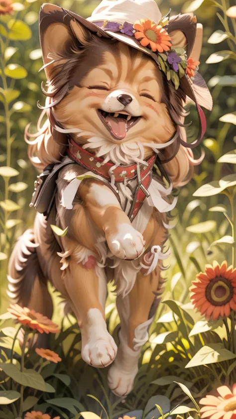 the image features the three-dimensional figure of an anthropomorphic dog wearing a hat with a flower, violet overalls and boots...