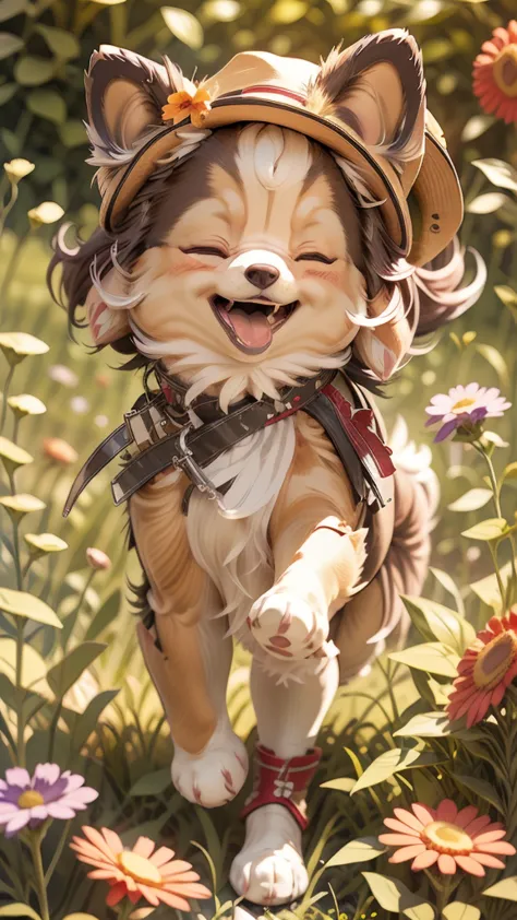 the image features the three-dimensional figure of an anthropomorphic dog wearing a hat with a flower, violet overalls and boots...