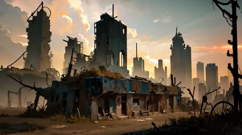 a desolate abandoned cosmodrome, crumbling concrete structures, rusted metal, overgrown vegetation, atmospheric lighting, moody ...