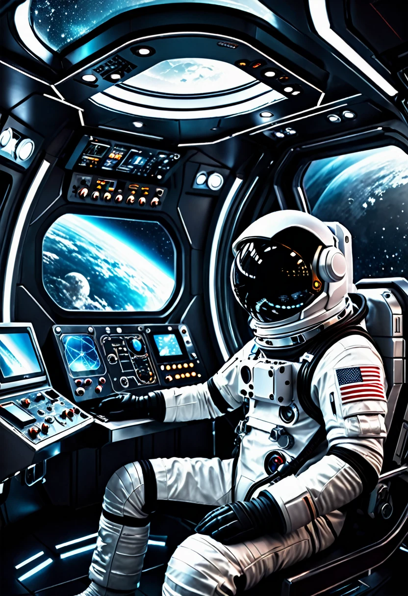 a futuristic astronaut in a space capsule, control Panel, high-tech interior, metal and glass materials, atmospheric lighting, dramatic cinematic composition, details Intricate, photorrealistic, concept art style
