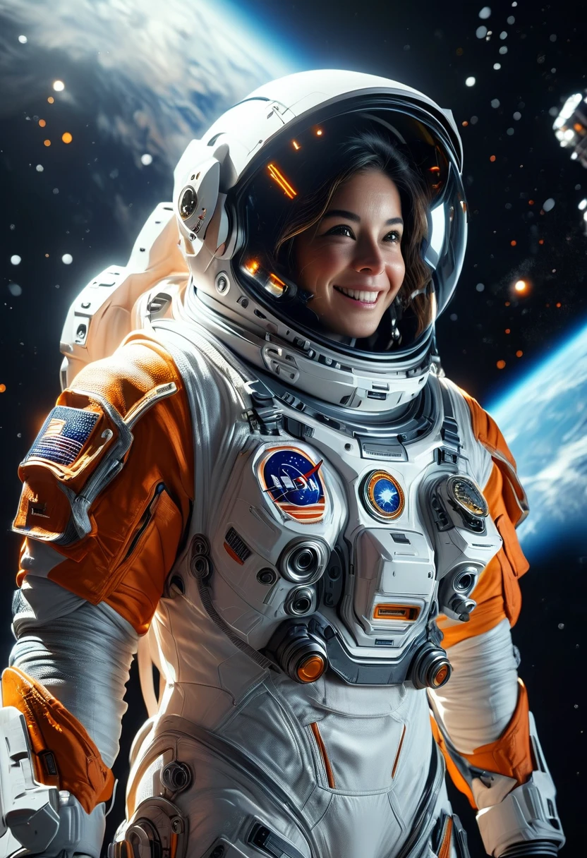 a professional astronaut suit, orange and white colors, joyful expression, fantasy outer space scene, professional, detailed, highly detailed, cinematic, dramatic lighting, photorealistic, 8k, best quality, masterpiece, ultra-detailed, physically-based rendering, extreme detail description, vivid colors, studio lighting, sharp focus