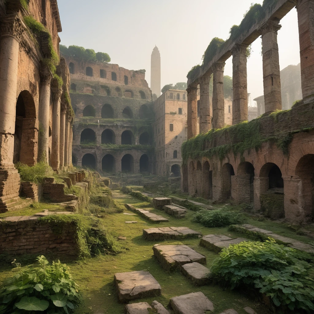 設想: 羅馬的歷史中心, 與羅馬競技場和羅馬廣場, 被遺棄多年, 戰後充滿破壞和混亂, 世界末日的東西. 古遺址更加破敗, 有倒塌的岩石和部分倒塌的結構. 野生植被佔據了這個地方, 柱子和拱門上覆蓋著苔蘚和藤蔓. 石板路已開裂，佈滿瓦礫. 濃霧籠罩了整個地區, 營造出神秘而荒涼的氣氛. 黎明柔和的光線刺破迷霧, 凸顯羅馬遺址腐朽的宏偉.

相机: 低角度全景, 捕捉羅馬競技場和羅馬廣場的範圍, 霧氣籠罩著這個地方. 清晨柔和的自然光線, 強調苔蘚和植物的顏色, 以及歷史遺跡的細節. 調整焦距捕捉霧氣, 為場景增添深度和神秘感.