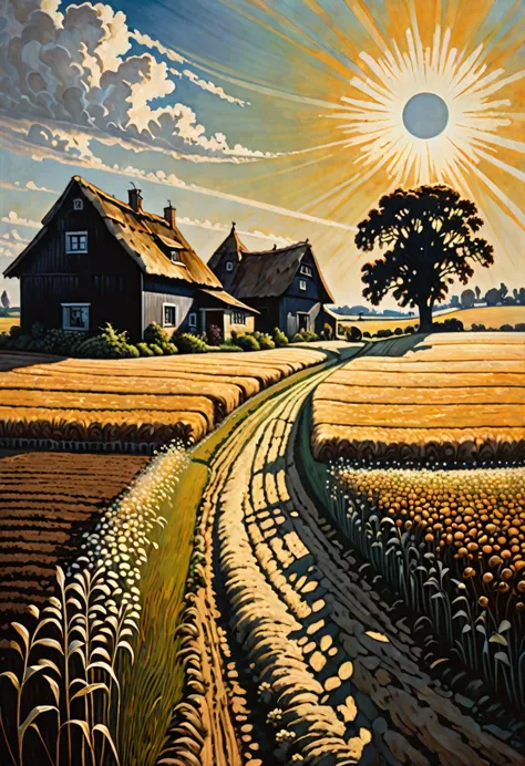 panoramic view of a seeded field with a cottage and barn in the distance, and a sky with a  sun and a clear sky, style dark fant...