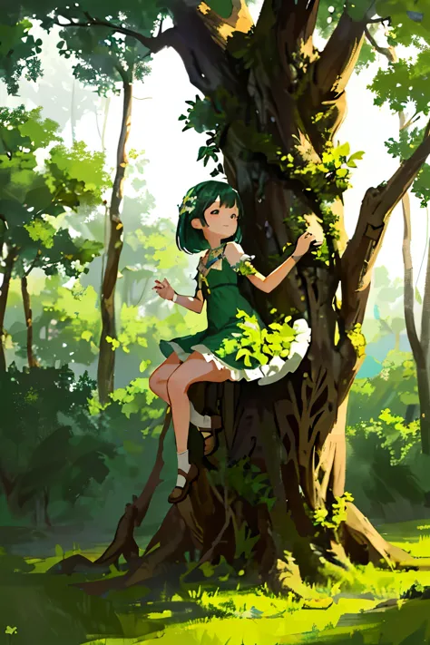 in the heart of a lush, emerald forest, a young girl discovers an ancient tree with twisting roots and leaves that shimmer in th...