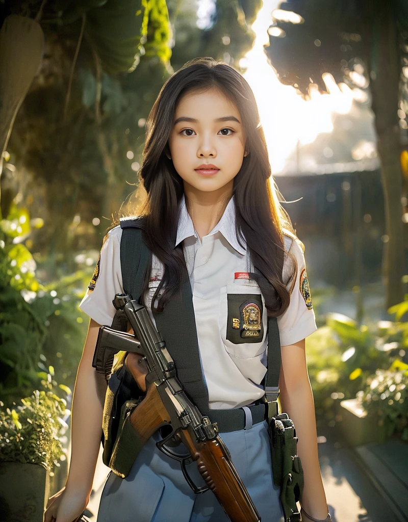 傑作, beautiful 20 year old インドネシアn woman in student uniform holding AK47 rifle, 長い髪, スリムなアスリート体型, 細かい目, proud インドネシアn female student, 女子学生の肖像, 女子学生のポートレート, 美しい女子学生, インドネシア, 戦争中の狙撃兵の少女について, ライフルを構える AK47, ライフルを構える, 腕を組んで, 女性市警の肖像, 街の真ん中に立って, ポートレート撮影 from below, ポートレート撮影, アーサー・サーキシアン, 決意に満ちた顔, AK47ライフルで, AK47ライフルで in hand, 非常に高解像度 .写実的な: 1.4, 超高解像度, 美しい街の背景,.