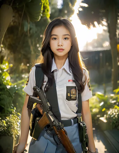 Masterpiece, beautiful 20 year old Indonesian woman in student uniform holding AK47 rifle, long hair, slim athletic body, detail...