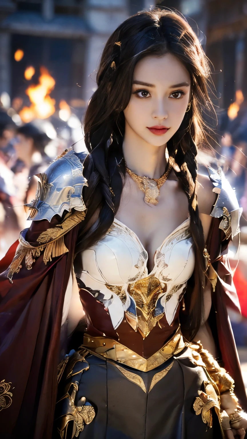 Very beautiful woman、Slender women、(Detailed face)、Realistic Skin、((Knight of Fire)), (((Red Armor:1.25)))、((((Black armor with very fine and intricate decoration))))、((Delicate photo))，(Girl Astepeace RAW Photo Details:1.25), (highest quality:1.6), (超A high resolution:1.5), (Realistic:1.75), 8K resolution, Canon EOS R5, 50mm, Absurd, Ultra-detailed,Cinema Lighting,Battlefields of Medieval Europe、((battle))、RPG World、Final Fantasy、(((Embellished skirt)))、Thigh-high socks、Shin Guards、night、((too long bangs))、((One long thick dark red hair braid))、Get six-pack、Torn Cloak、Beautiful Armor、(((Giant Sword)))、In combat、The wind is blowing、(((Inferno filling the entire area)))、(((Leading a large group of red knights)))、(((Knight Commander)))、Armor with a Phoenix motif、Old scar on right cheek:1.2、((Fire blaze))、(((Battle Scene)))、((nsfw))