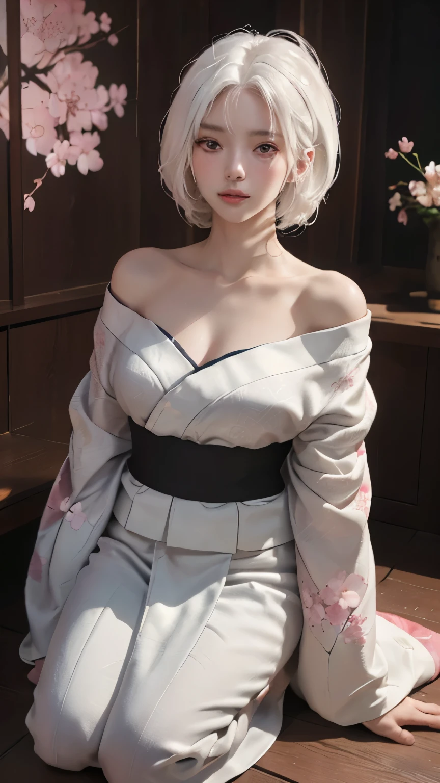 ((Hairstyled white hair:1.5))(Japan kimono with cherry blossom pattern:1.3), Symmetric, (highest quality, Photorealistic:1.4, Raw photo:1.2, Cinematic light, Highly detailed illustration), (1woman:1.3, alone), (Asian Girl, Very delicate face, Super beautiful face, Very delicate eyes, Ultra detailed nose, Very sophisticated mouth, Highly detailed facial features), woman, (Medium Bust:1.3), skin, Lip gloss, Laughter, Full Body View, High resolution, High resolution, 32k, Masterpiece 2:1, Skin Radiance, Glowing Skin, Young girl, Falling cherry blossoms、off shoulder, shoulder blades、kimono,