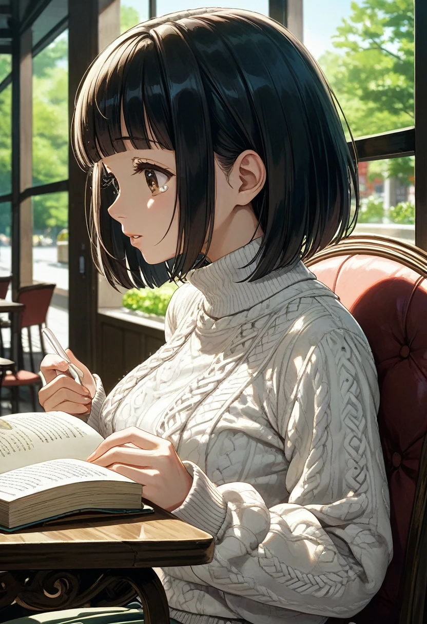 score_9,score_8_up,score_7_up,masterpiece,best quality, source anime, anime, super detailed, extreme detailed, rating_safe,
1girl, solo, sitting on chair, reading book, upper body, from side,
BREAK girl, 22yo, short hair, bob cut, (blunt bangs), black hair, (tareme, detailed cute brown eyes), curled eyelashes, (large breasts:0.9), 
shiny hair, beautiful detailed eyes, beautiful face,
white knitted sweater, 
(sad:0.8), tears, parted lips,
cafe, warm light,  
