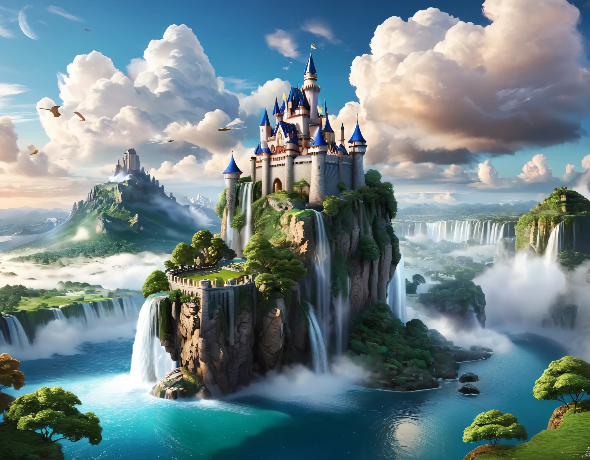 [Emoji de Castelo de Fantasia] Imagine uma paisagem etérea com um castelo suspenso nas nuvens. A cena deve ser intrinsecamente detalhada, com elementos hiper-realistas, como ilhas flutuantes e cascatas. Aproveite técnicas de renderização realistas para garantir que os elementos fantásticos se misturem perfeitamente com o cenário fotorrealista. Otimize a imagem para resolução de 8K para mostrar a qualidade envolvente da fantasia etérea.