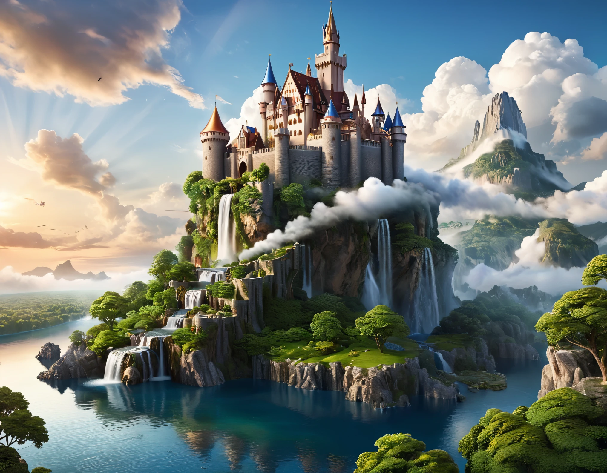 [Fantasy Castle emoji] Picture an ethereal landscape featuring a castle suspended in the clouds. The scene should be intricately detailed, with hyperrealistic elements such as floating islands and cascading waterfalls. Leverage realistic rendering techniques to ensure that the fantastical elements seamlessly blend with the photorealistic backdrop. Optimize the image for 8K resolution to showcase the immersive quality of the ethereal fantasy.