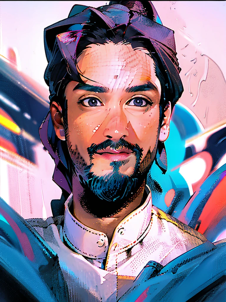 an asian man with clear face, no moustach, no beard, Nadech face, wearing an off-white traditional arabian clothing, thawb, white cloak with full sleeve, standing in an abstract neon background, looking up at the sky with a solemn expression, detailed face, beautiful detailed eyes, beautiful detailed lips, extremely detailed facial features, long eyelashes, photorealistic, 8k, high quality, dramatic lighting, cinematic, vibrant neon colors, surreal, hyper detailed