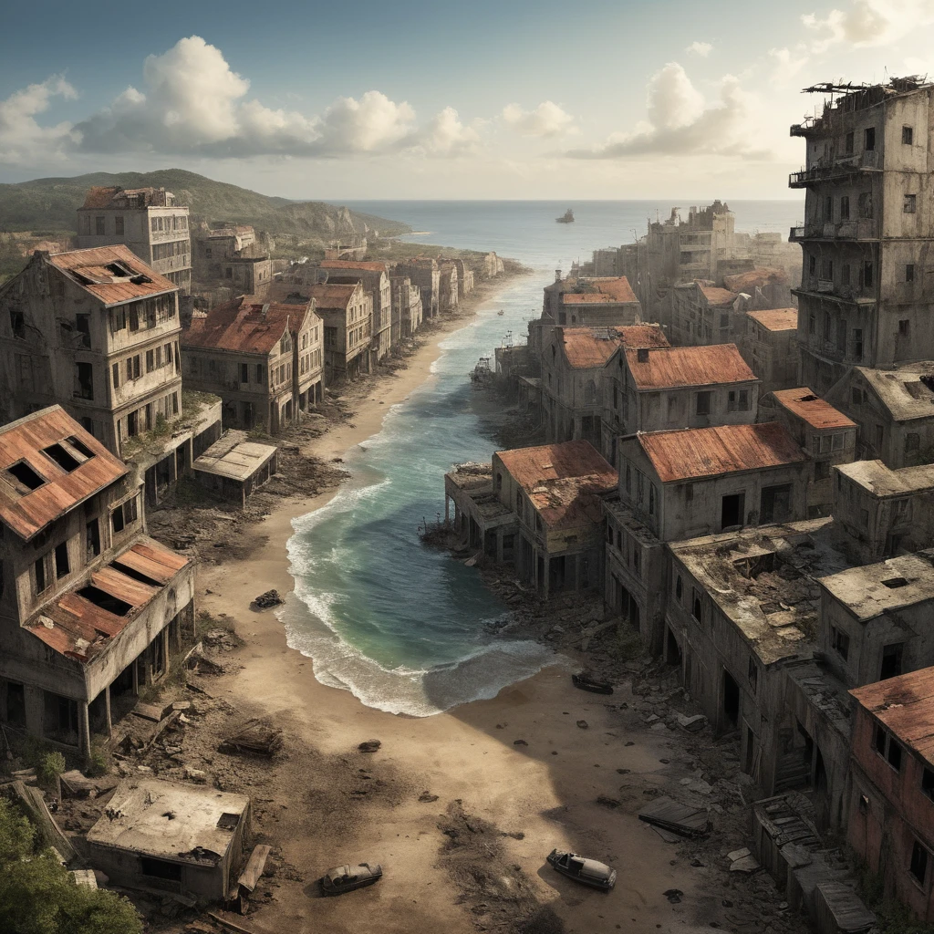 scenario: A small, unknown coastal town, 2024, abandoned for years, post-war with lots of destruction and chaos, something apocalyptic. The city&#39;s narrow, winding streets are covered in vegetation and rubble., with homes and commercial buildings showing signs of wear and neglect. The windows are broken, and the facades are covered in moss and ivy. The boats in the small harbor are rusty and half-submerged, with stagnant water and rubbish accumulated around. The adjacent beach is covered in debris and marine plants. A thick fog covers the area, creating an atmosphere of mystery and desolation. The soft light of dawn pierces the fog, illuminating the buildings and highlighting the melancholic grandeur of the city amidst the destruction.