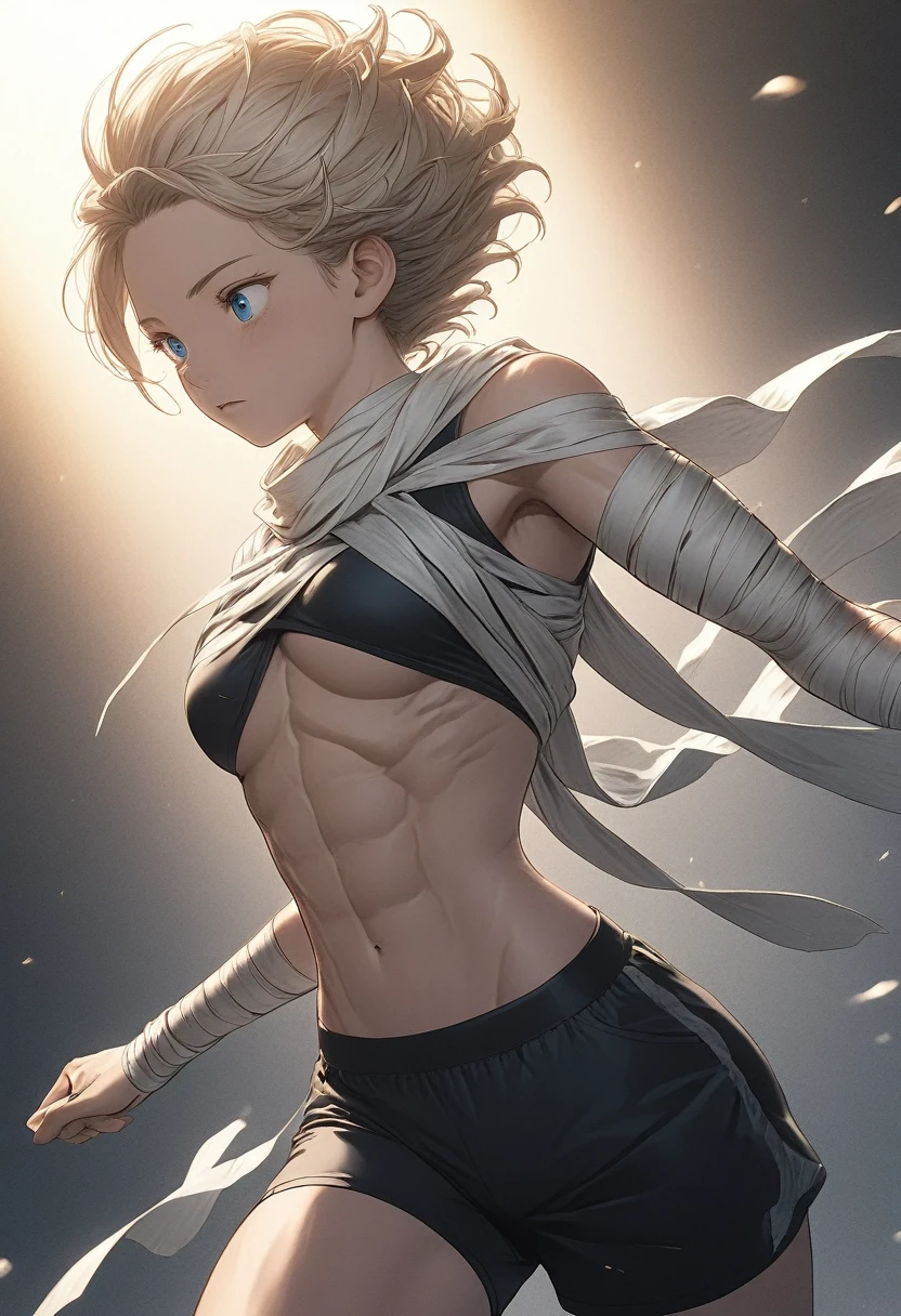 detailed illustration (side view),dynamic angle, ultra-detailed, illustration, clean line art, shading, anime, detailed eyes, detailed face, beautiful face, dramatic lighting, detailed illustration, dynamic angle, ultra-detailed, illustration,

A fit woman with toned abs, in bootie shorts, bandages wraps around chest, anime, 