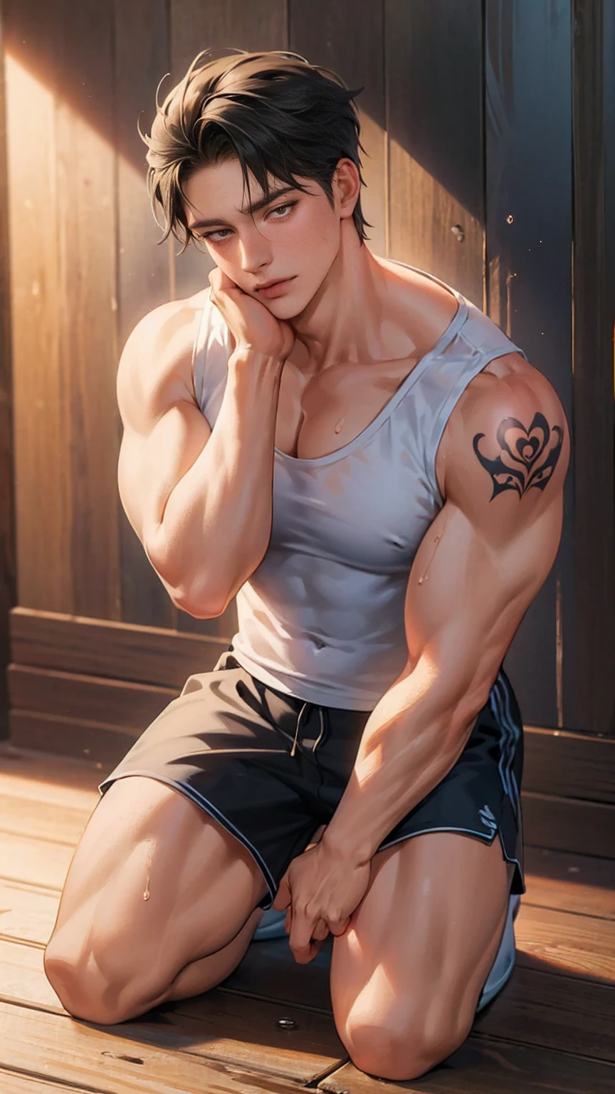 (8K, best quality, masterpiece:1.2),(best quality:1.0), (Ultra-high resolution:1.0),(Delicate facial features:1.0),cartoon, A muscular man, Tattoo,shorts,Sleeveless shirt,slippers,Kneeling on the ground,Sweating,Soaked,Malu,Full body portrait,