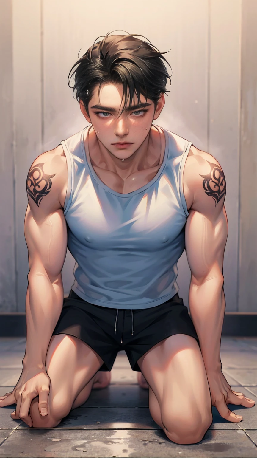 (8K, best quality, masterpiece:1.2),(best quality:1.0), (Ultra-high resolution:1.0),(Delicate facial features:1.0),cartoon, A muscular man, Tattoo,shorts,Sleeveless shirt,slippers,Kneeling on the ground,Sweating,Soaked,Malu,Full body portrait,