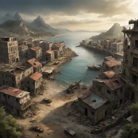 scenario: A small, unknown coastal town, 2024, abandoned for years, post-war with lots of destruction and chaos, something apoca...