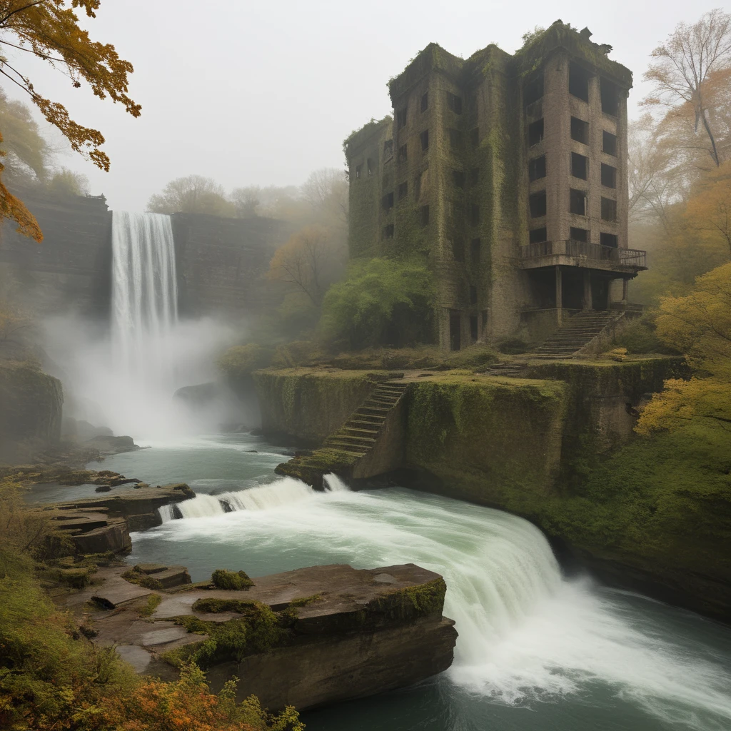 scenario: As a resident of Niagara, abandoned for years, post-war with lots of destruction and chaos, something apocalyptic. The observation platforms and tourist buildings around the falls are in ruins, covered in moss and vegetation. Security barriers are rusty and fallen, with parts of the visitor trails collapsed and covered in debris. The constant mist of the falls mixes with a thick mist, creating an atmosphere of mystery and desolation. The waters that once attracted tourists now run wild and untamed, with debris floating. The soft light of dawn pierces the fog, illuminating the scene and highlighting the melancholic grandeur of the falls amidst the destruction.