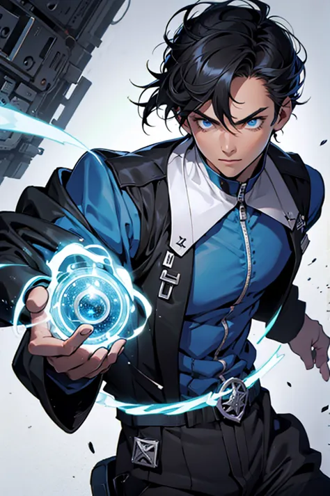 1 teen boy, blue eyes, black hair, silver uniform, magic powers